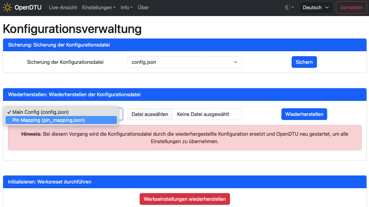 Pin Layout hochladen OPENDTU 